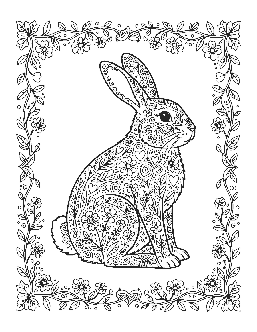 Line drawing of a sitting rabbit filled with folk art flowers, hearts and swirls