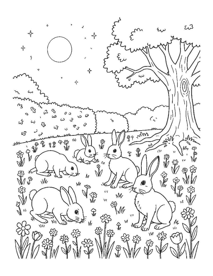 Line drawing of wild rabbits grazing and hopping in a flower meadow under a rising moon