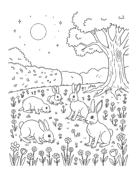 Line drawing of wild rabbits grazing and hopping in a flower meadow under a rising moon