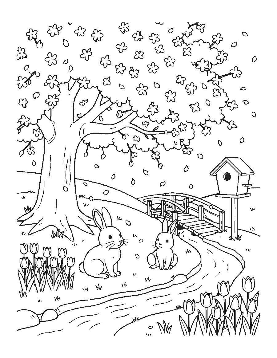 Line drawing of two rabbits under a cherry tree in bloom with a footbridge, tulips and a birdhouse