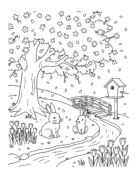 Line drawing of two rabbits under a cherry tree in bloom with a footbridge, tulips and a birdhouse