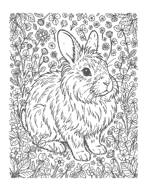 Line drawing of a realistic fluffy Angora rabbit sitting on a bed of clover