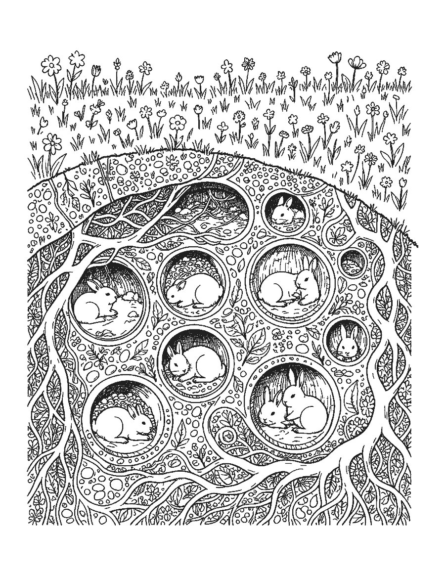 Line drawing of an underground rabbit warren with tunnels, chambers, roots and rabbits inside