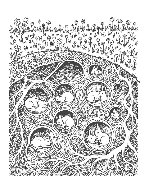 Line drawing of an underground rabbit warren with tunnels, chambers, roots and rabbits inside