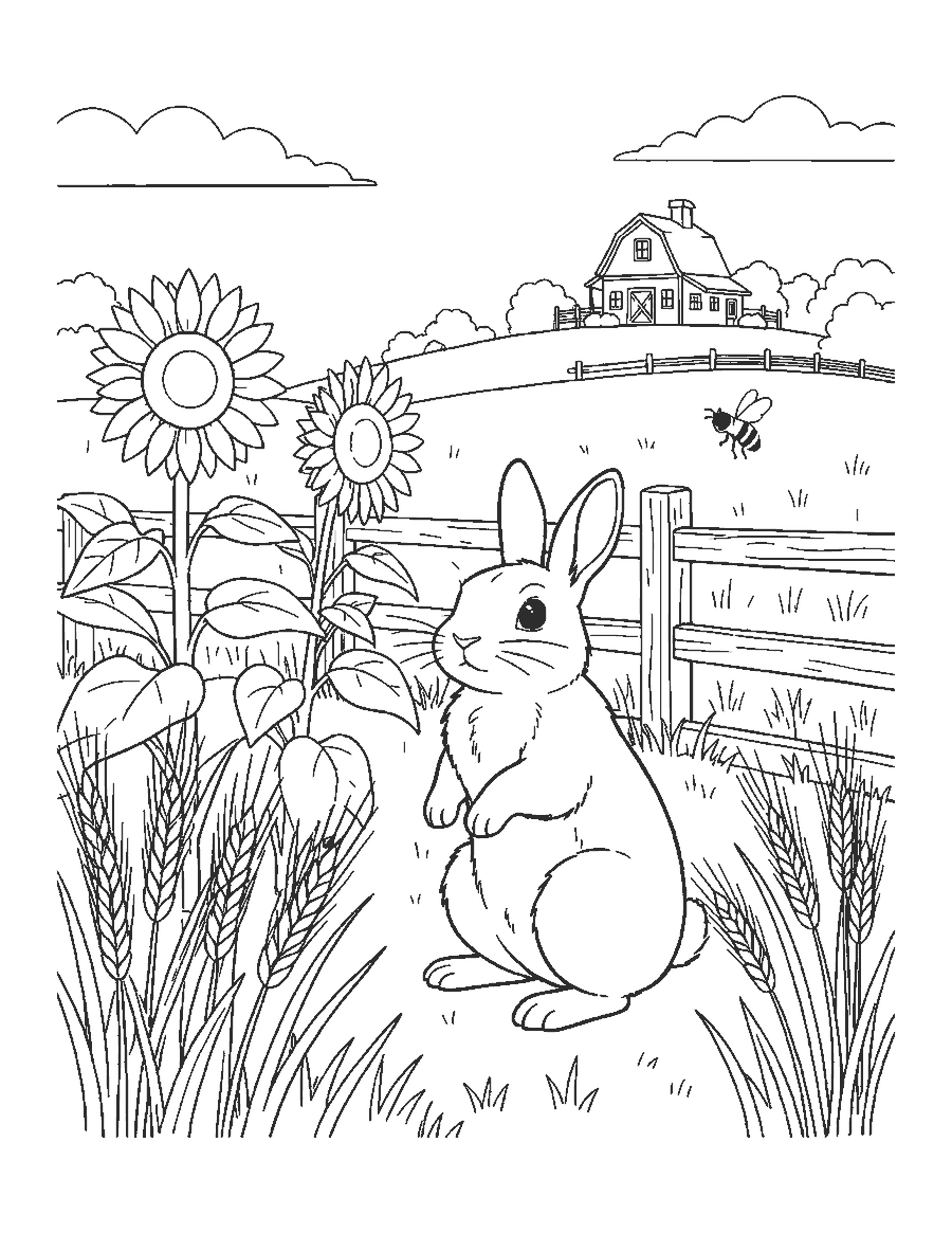 Line drawing of a cottontail rabbit sitting up by tall sunflowers, wheat and a wooden fence