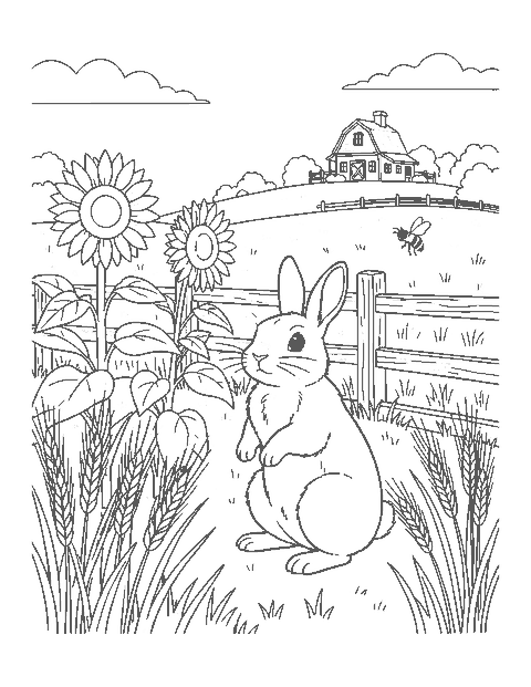 Line drawing of a cottontail rabbit sitting up by tall sunflowers, wheat and a wooden fence