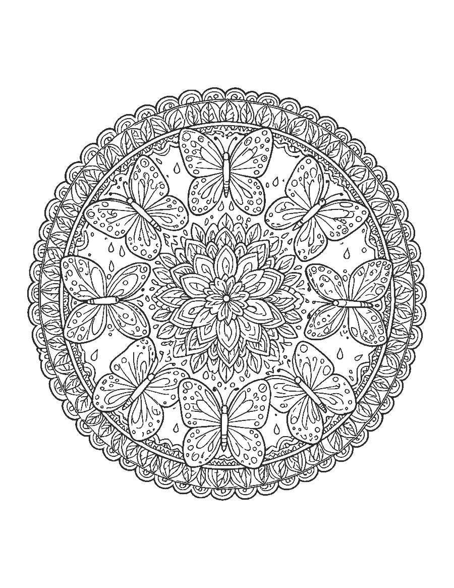 Line drawing of a mandala with six patterned butterflies around a central flower