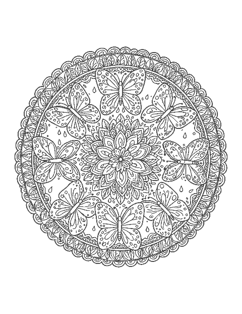 Line drawing of a mandala with six patterned butterflies around a central flower