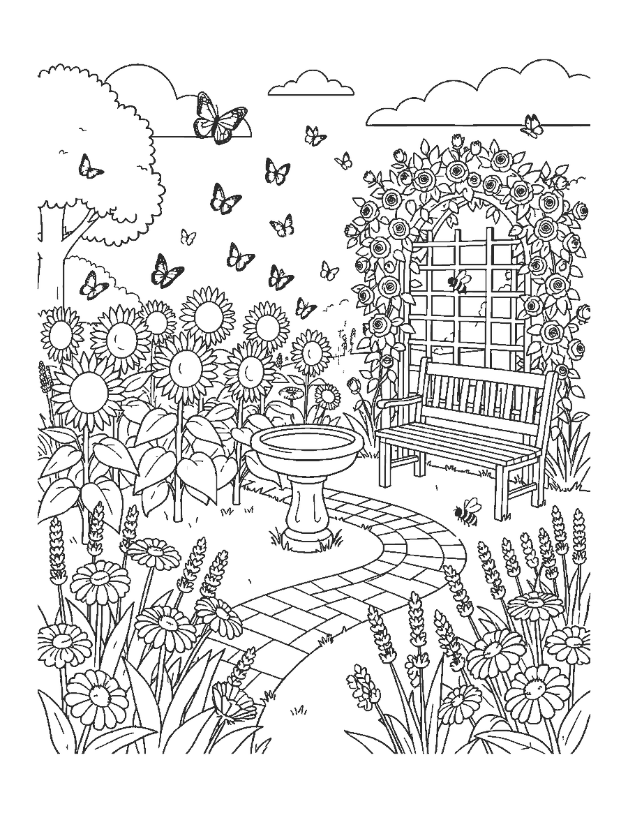 Line drawing of butterflies flying over a flower garden with a birdbath, bench and brick path
