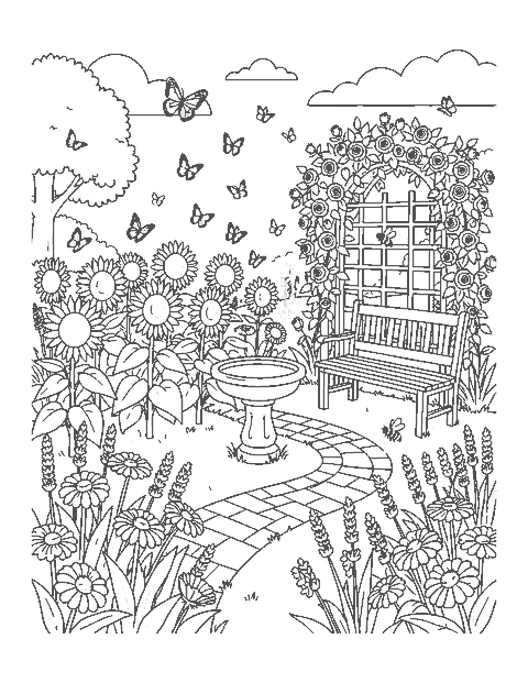 Line drawing of butterflies flying over a flower garden with a birdbath, bench and brick path