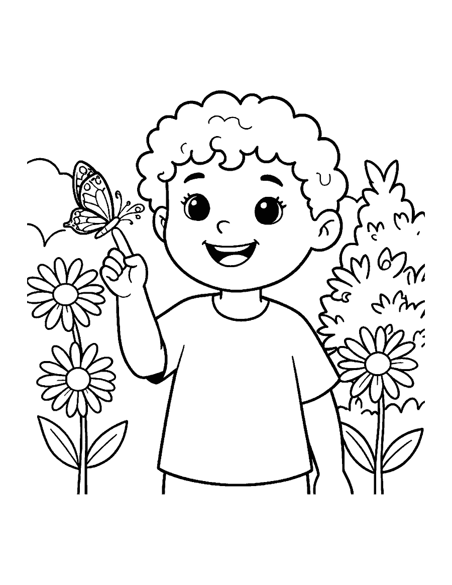 Line drawing of a smiling child with curly hair holding a butterfly on one finger