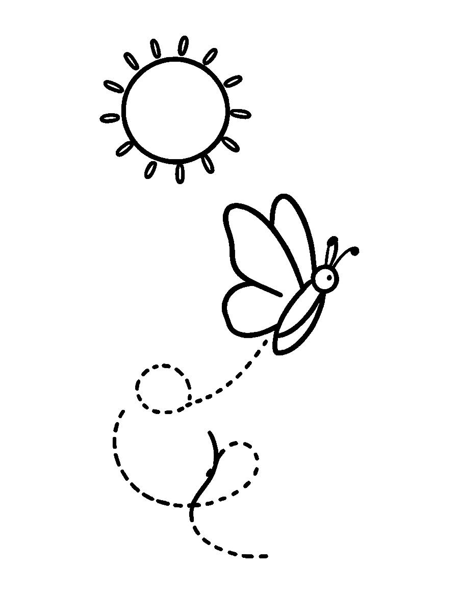 Line drawing of a butterfly flying in a loop beside a big round sun