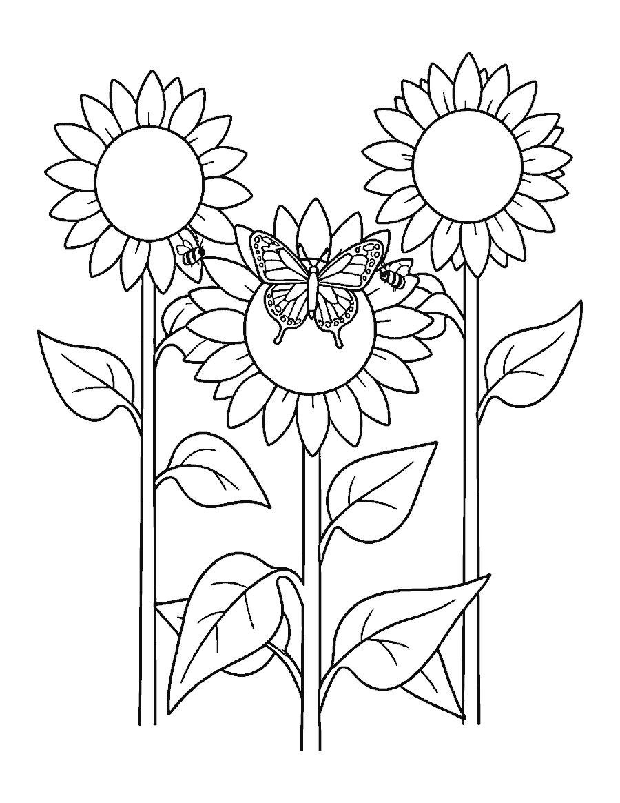 Line drawing of a butterfly resting on a large sunflower with two more sunflowers and a bee