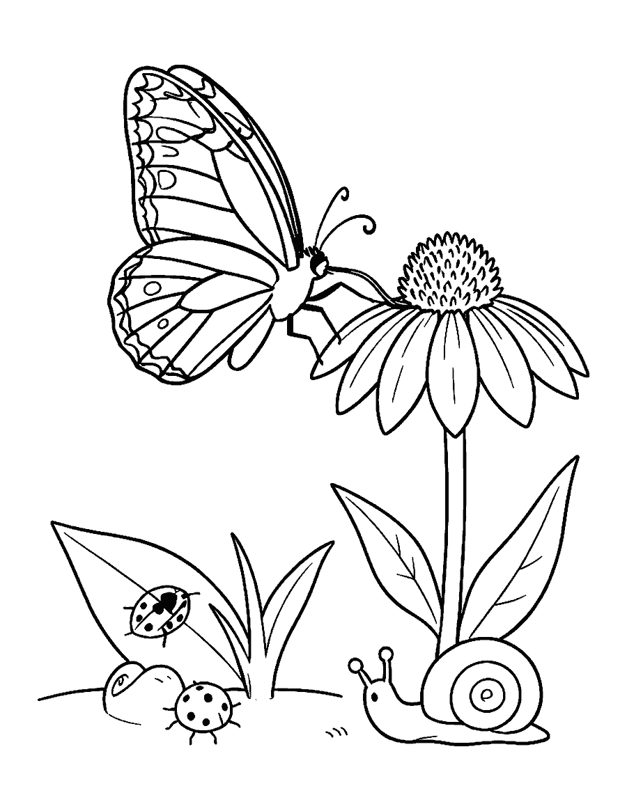 Line drawing of a butterfly drinking from a coneflower beside a ladybug and a snail