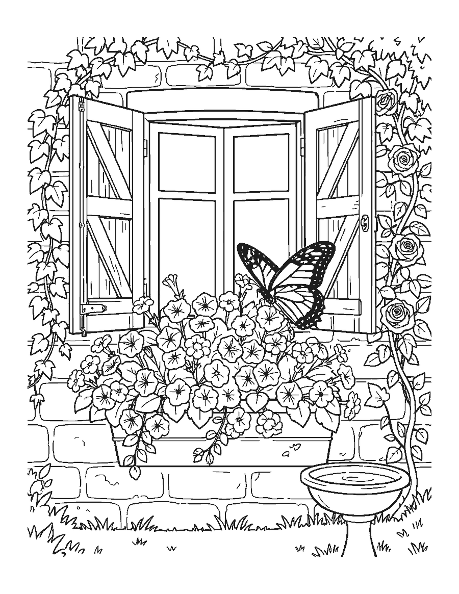 Line drawing of a butterfly on a window box of flowers below a cottage window with ivy and roses