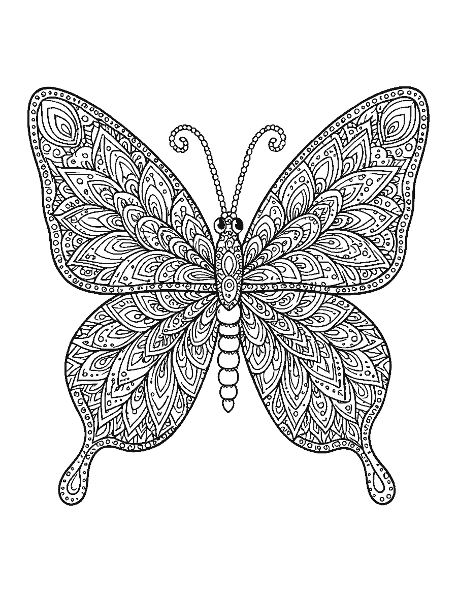 Line drawing of a symmetrical butterfly with each wing filled with a detailed mandala