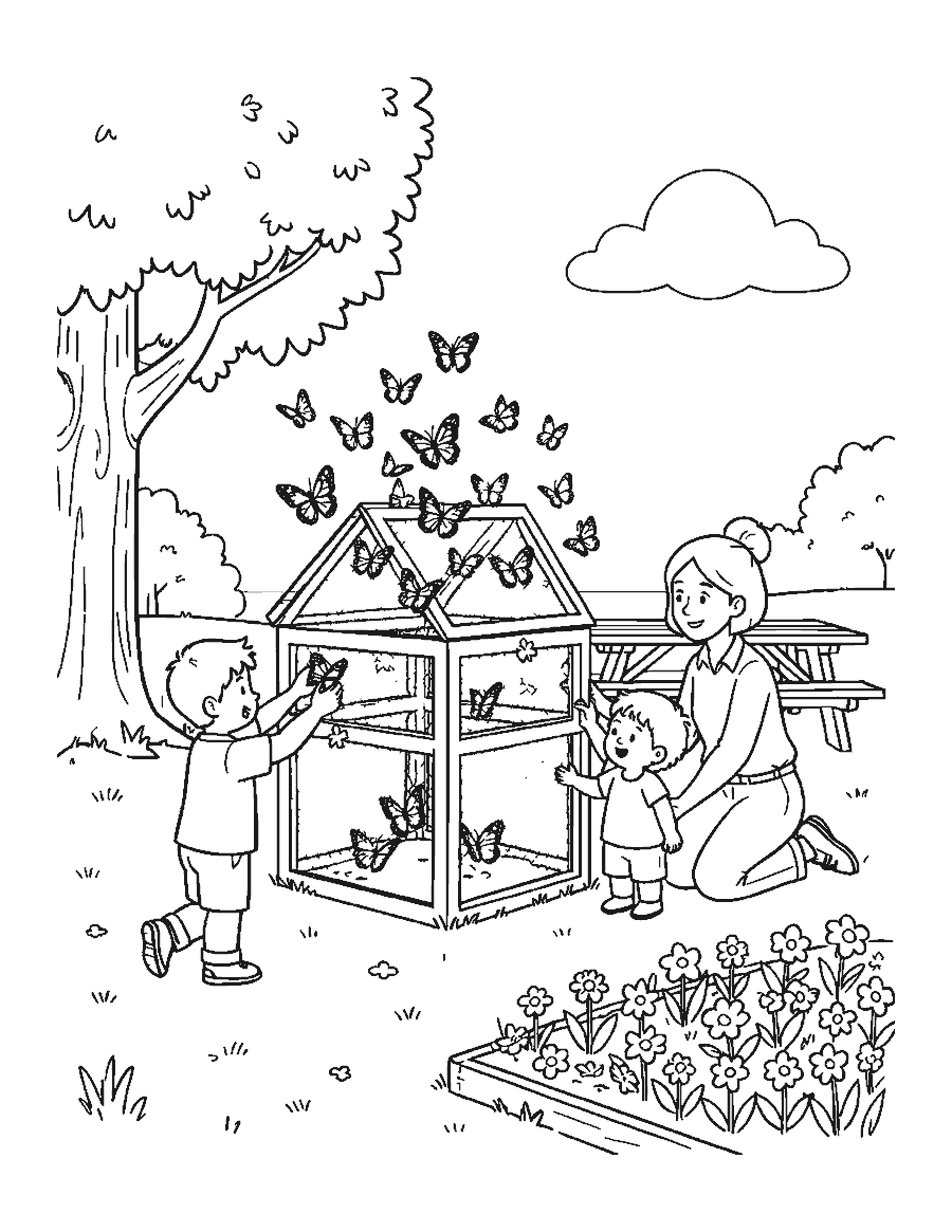 Line drawing of children and a teacher releasing butterflies from a mesh habitat outdoors