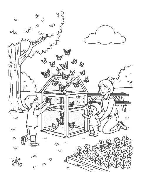 Line drawing of children and a teacher releasing butterflies from a mesh habitat outdoors