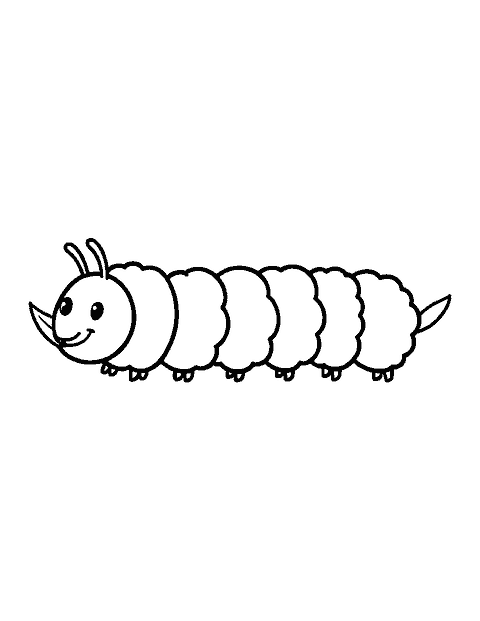 Line drawing of a plump smiling caterpillar eating the edge of a big leaf