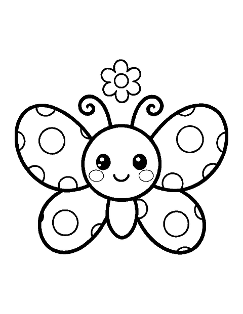 Line drawing of a cute chibi butterfly with polka dot wings and a smiling face