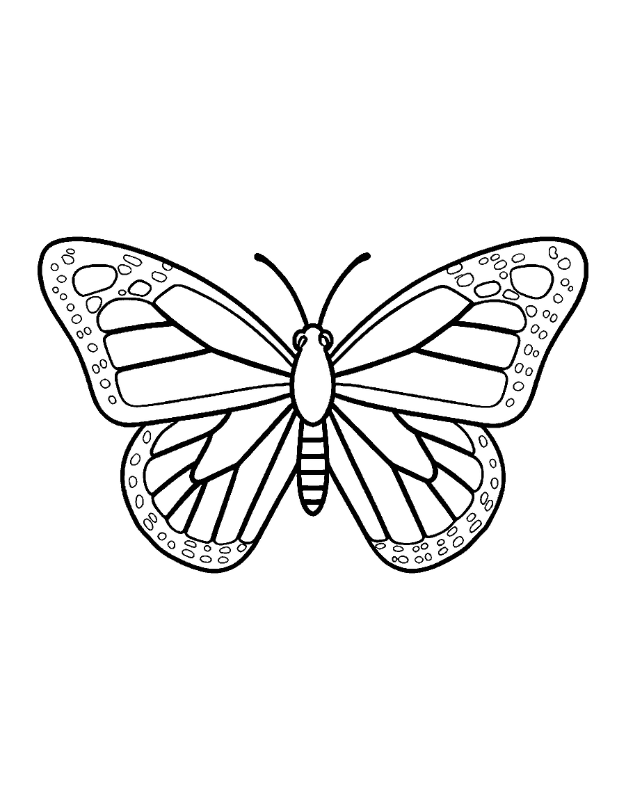 Line drawing of a monarch butterfly with open wings, bold veins and dotted edges