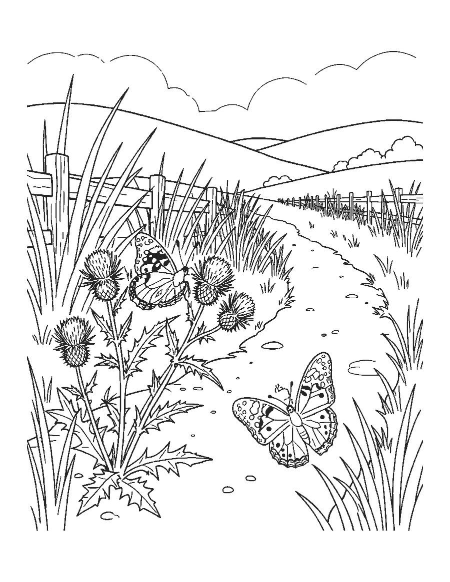 Line drawing of three painted lady butterflies on thistles beside a path, grasses and hills
