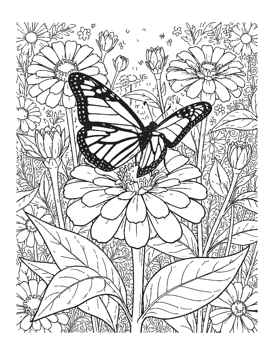 Line drawing of a realistic monarch butterfly perched on a zinnia with buds and leaves