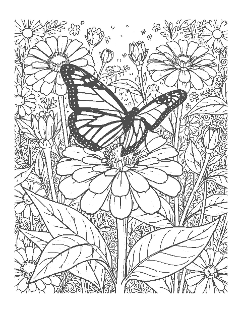 Line drawing of a realistic monarch butterfly perched on a zinnia with buds and leaves