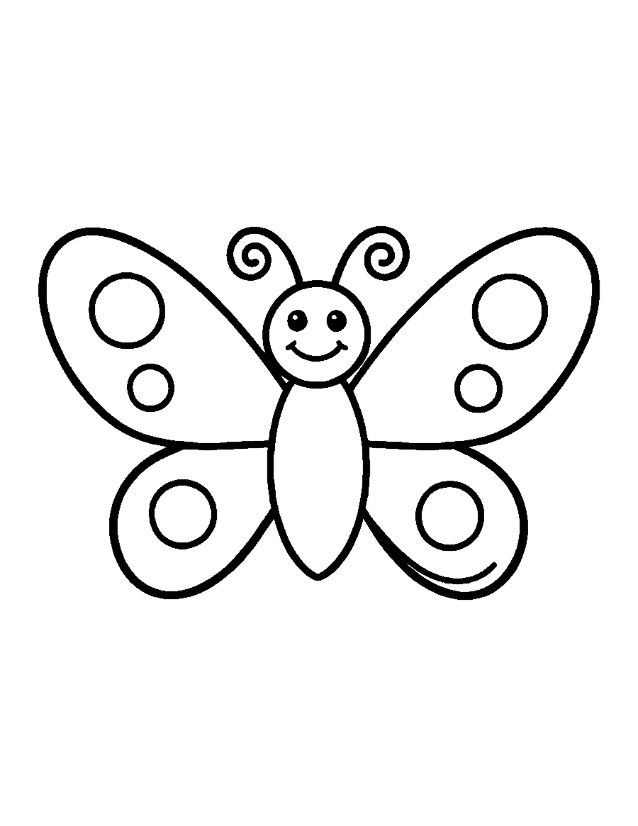 Line drawing of a smiling butterfly with wide open wings decorated with big round spots