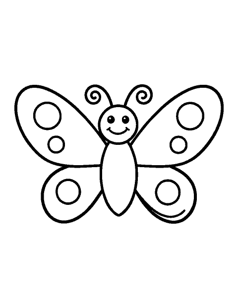 Line drawing of a smiling butterfly with wide open wings decorated with big round spots