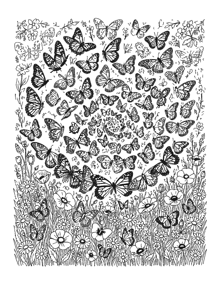 Line drawing of many patterned butterflies rising in a spiral above a bed of wildflowers