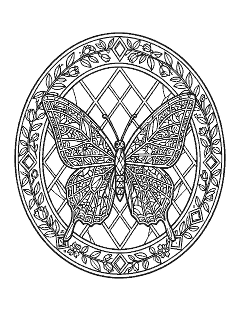 Line drawing of a stained glass style butterfly in a round window with a leafy border