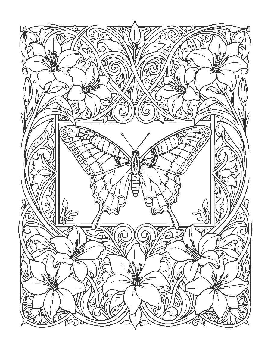 Line drawing of a swallowtail butterfly inside an ornate art nouveau frame of lilies and vines