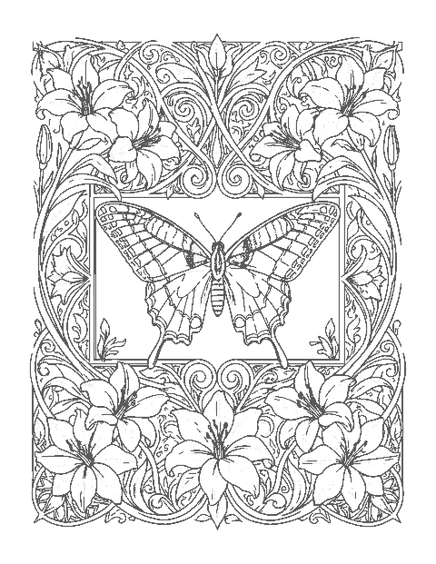Line drawing of a swallowtail butterfly inside an ornate art nouveau frame of lilies and vines