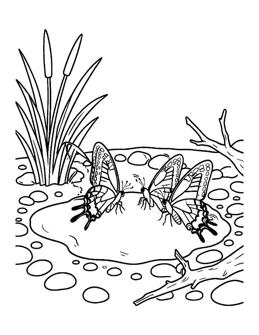 Line drawing of three swallowtail butterflies drinking at a mud puddle among pebbles and reeds