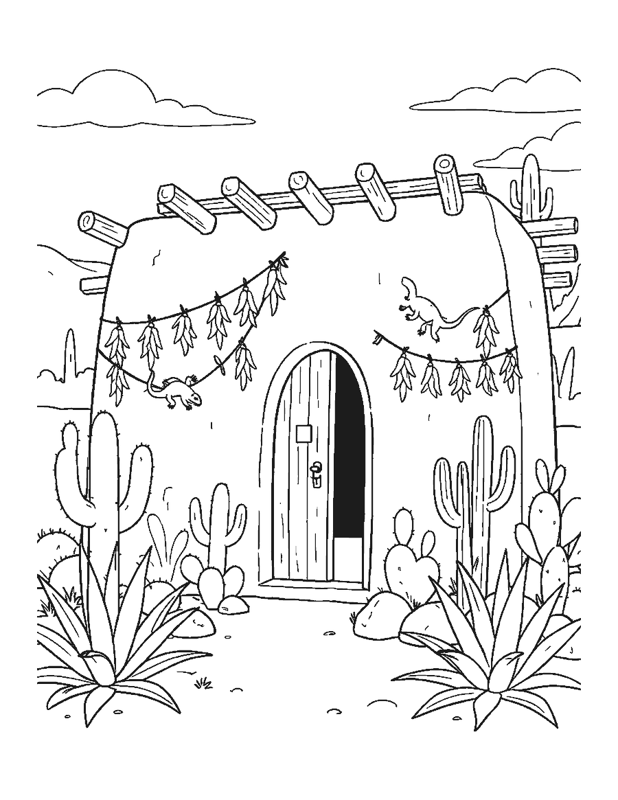 Line drawing of an adobe house with a cactus garden, hanging chili peppers and a lizard