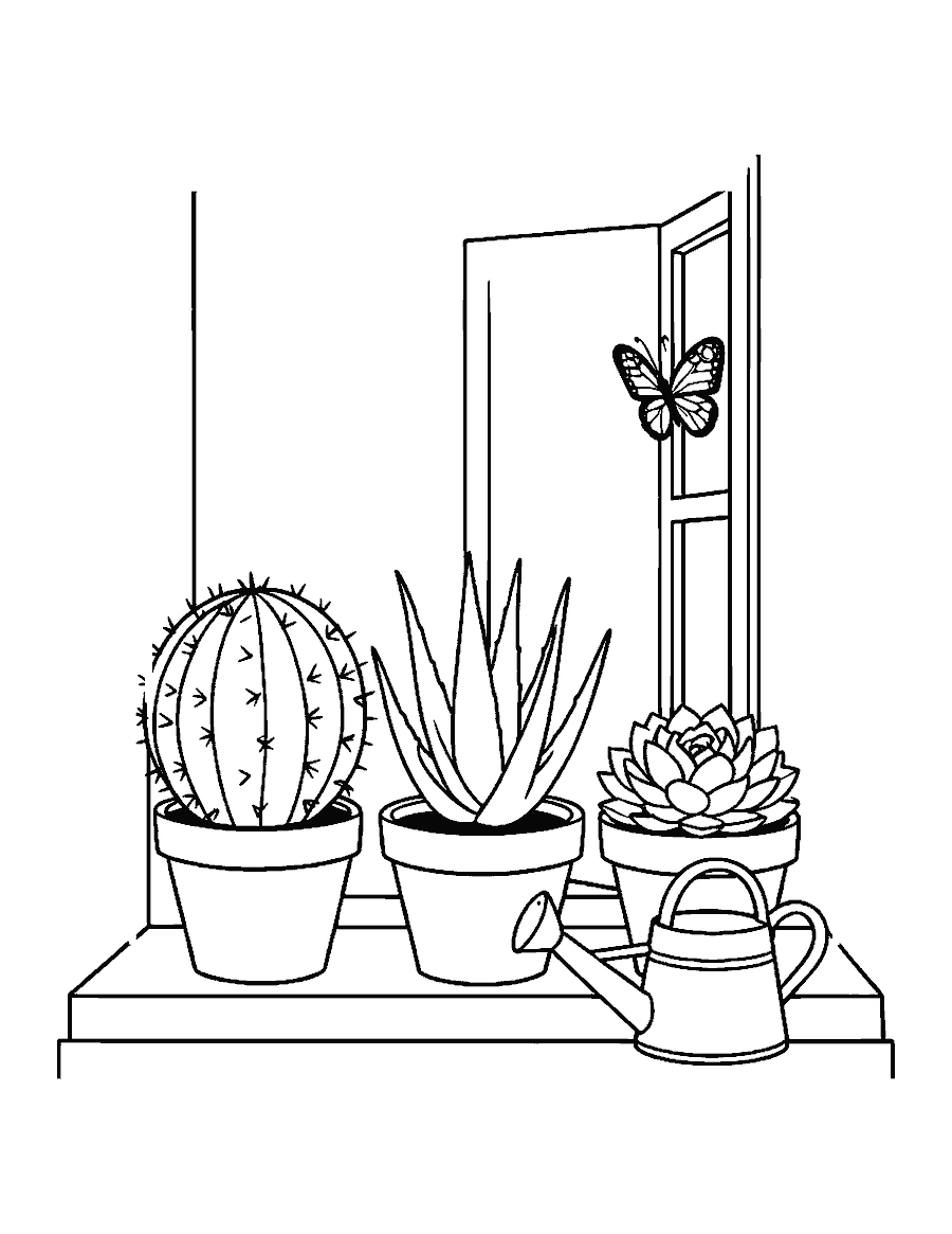 Line drawing of a cactus, an aloe and a succulent in pots on a windowsill with a butterfly