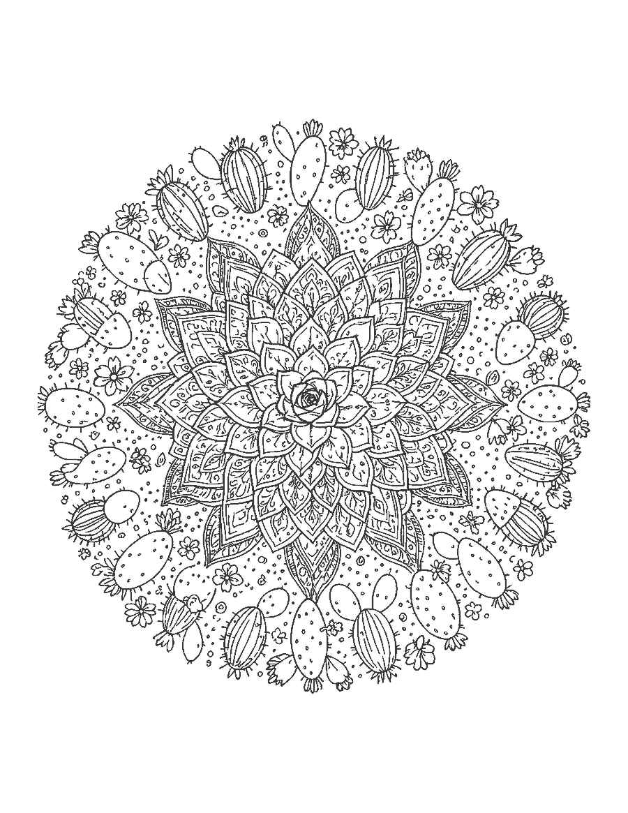 Line drawing of a round mandala of succulent rosettes, small cacti and desert flowers