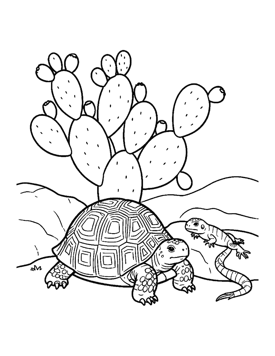 Line drawing of a desert tortoise resting by a prickly pear cactus with a lizard on a rock