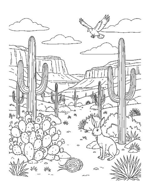 Line drawing of a desert valley with saguaros, blooming cacti, mesas, a jackrabbit and a hawk
