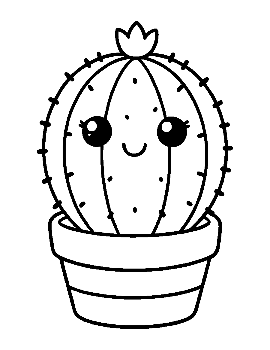 Line drawing of a cute round barrel cactus with a smiling face in a striped pot