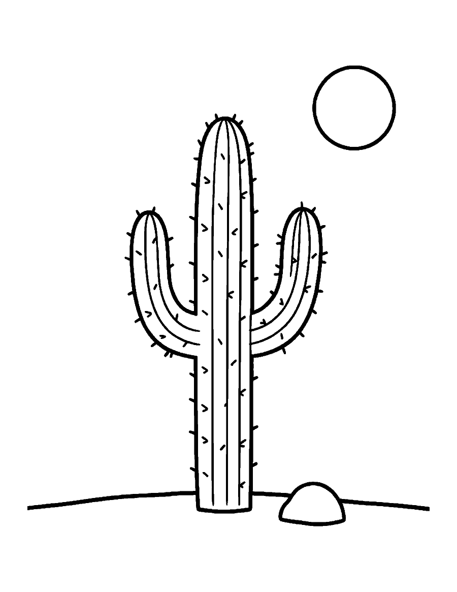 Line drawing of a tall saguaro cactus with two upturned arms, a round sun and a rock
