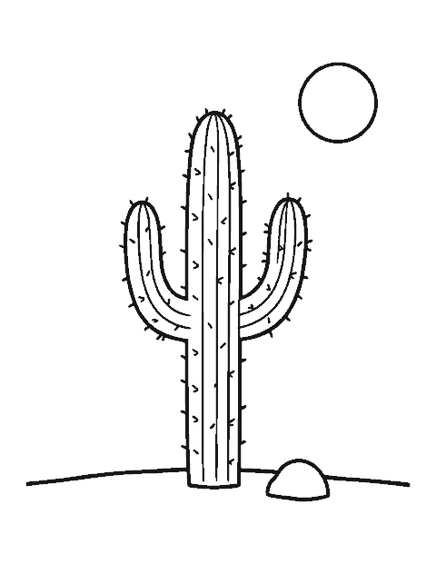 Line drawing of a tall saguaro cactus with two upturned arms, a round sun and a rock