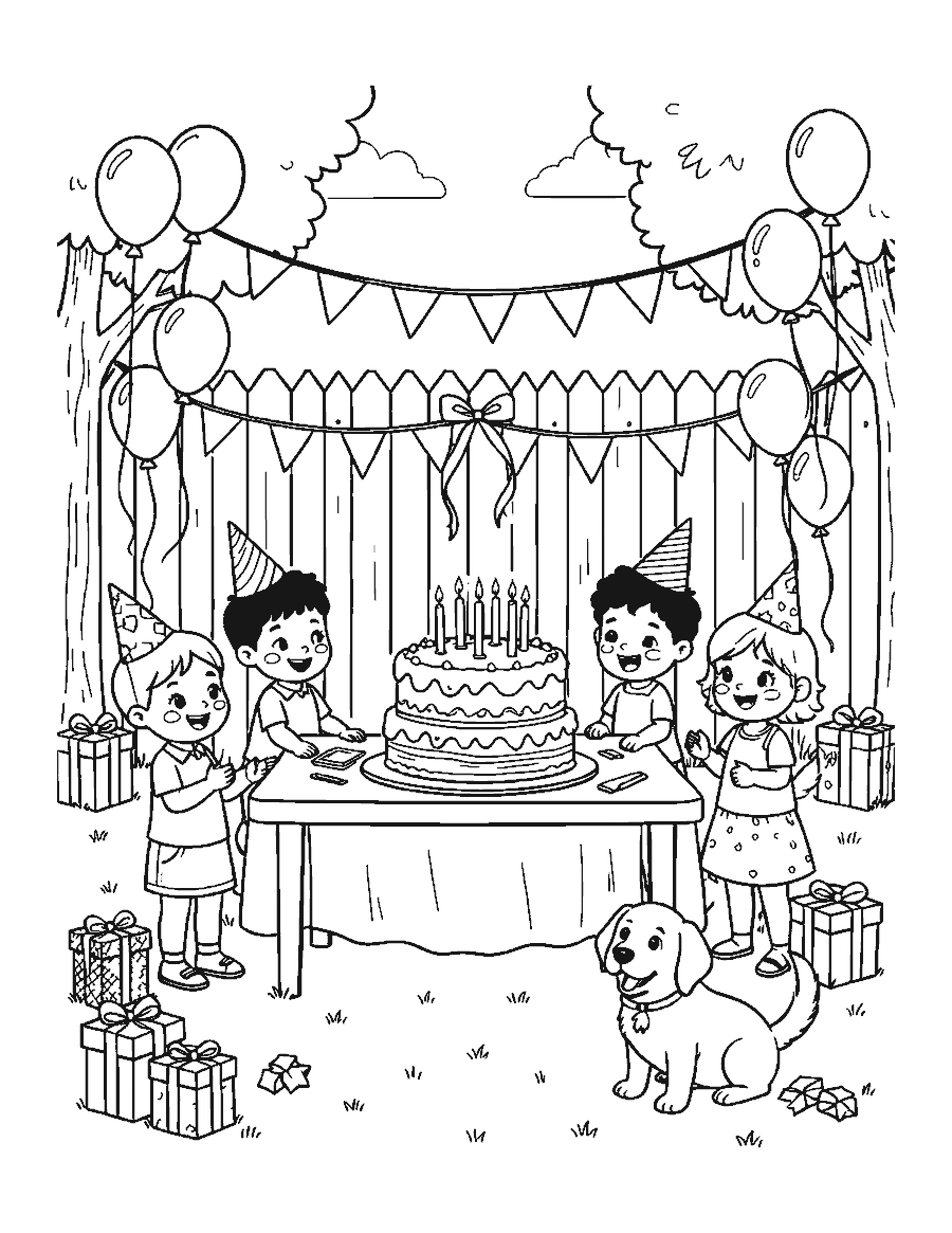Line drawing of a backyard birthday party with a cake, kids in party hats and balloons