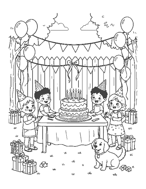Line drawing of a backyard birthday party with a cake, kids in party hats and balloons