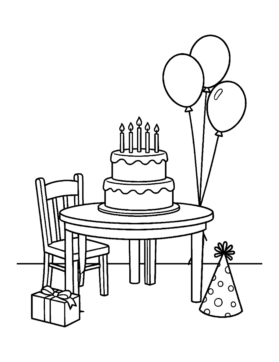 Line drawing of a birthday cake on a table with balloons, a present and a party hat