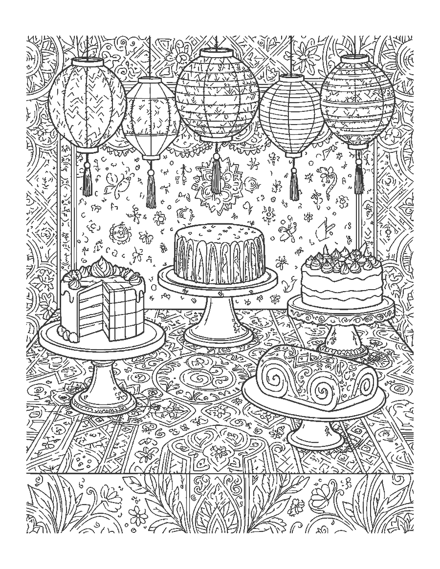 Line drawing of a dessert table with several finely patterned cakes under paper lanterns