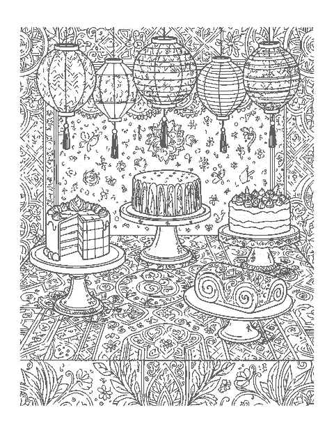 Line drawing of a dessert table with several finely patterned cakes under paper lanterns