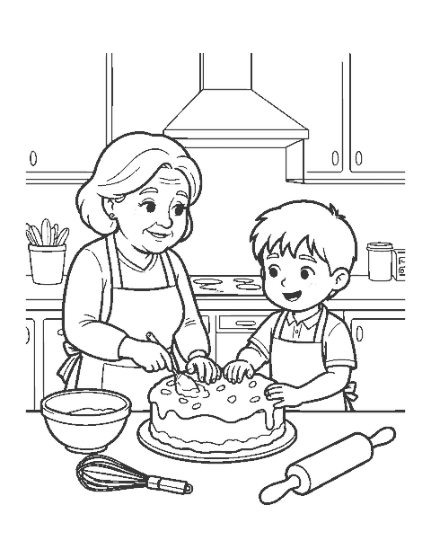 Line drawing of a grandmother and a boy in aprons frosting a cake in the kitchen