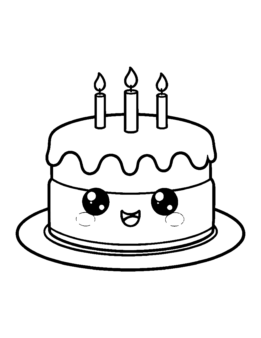 Line drawing of a cute smiling two-layer birthday cake with three candles